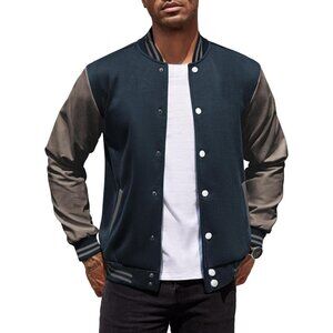 Men's Varsity Jacket Slim Fit Cotton Letterman Baseball Bomber Jackets Navy Grey